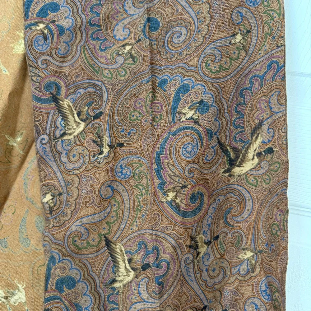 Vintage Reine Wolle Fine Wool Scarf Paisley Mallard Duck Print‎ Brown Copper 61